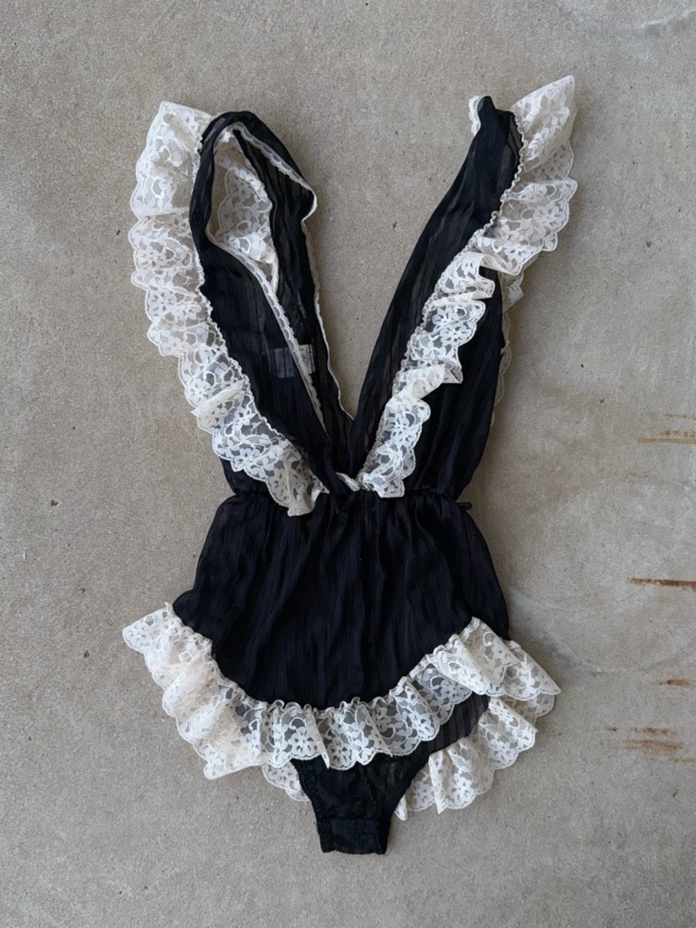 Vintage black Lace Trim Ruffled One-Piece Bodysuit